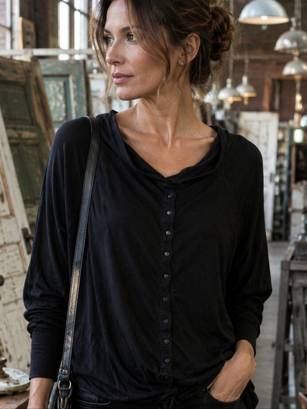 AllSaints Black Drape Neck Button Front Top US 8